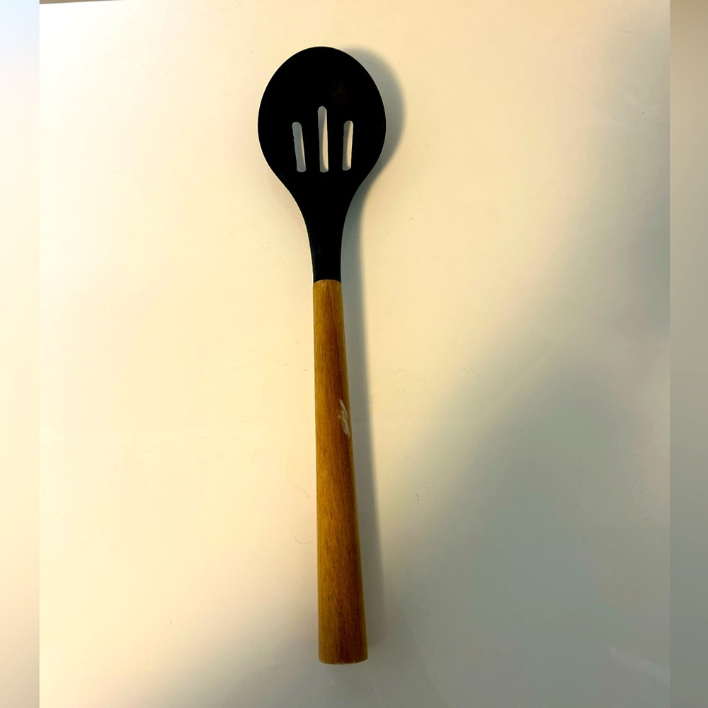 Black and Wood Slotted Spoon